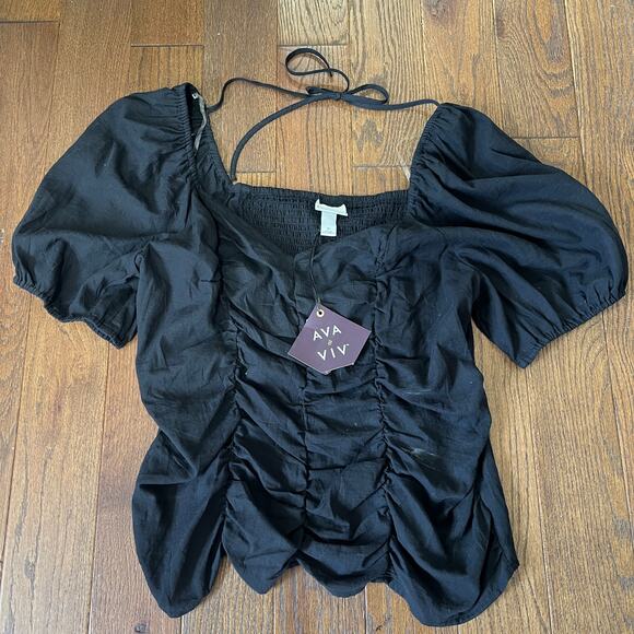 AVA & VIV Black Ruched Tie Back Blouse Sz 1X - Picture 1 of 9